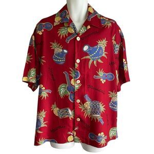 Vintage Esprit De Corp Shirt Men's Large Red Hawaiian Pineapples Drums Ukuleles
